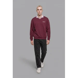 Defacto H8778AXBR170 Bordo %100 Pamuk Boxy Fit Çizgili Polo Yaka Baskılı Waffle Sweatshirt