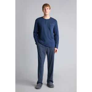 Defacto I2490AXNV135 Lacivert %100 Pamuk New Regular Fit Henley Yaka Cepli Uzun Kollu 2li Pijama Takımı