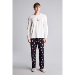 Defacto I3176AXER98 Ekru %100 Pamuk Regular Fit Baskılı Uzun Kollu 2li Pijama Takımı