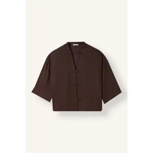 Defacto I8515AXBN130 Kahve Oversize Hakim Yaka Brit Düğmeli Uzun Kollu Basic Bluz