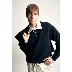 Defacto I3625AXNV64 Lacivert %100 Pamuk Relaxed Fit Kontrast Polo Yaka Cepli İnce Basic Sweatshirt