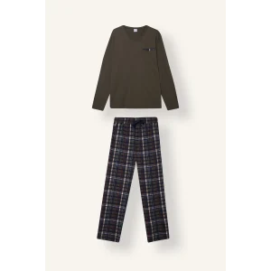 Defacto I2975AXKH148 Haki New Regular Fit V Yaka Uzun Kollu Ekose 2li Pijama Takımı