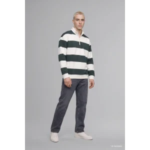 Defacto C7045AXGN498 Yeşil Boxy Fit Dik Yaka Yarım Fermuarlı Çizgili Sweatshirt
