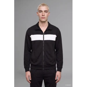 Defacto I0631AXBK81 Siyah Boxy Fit Polo Yaka Fermuarlı Şeritli Sweatshirt Hırka