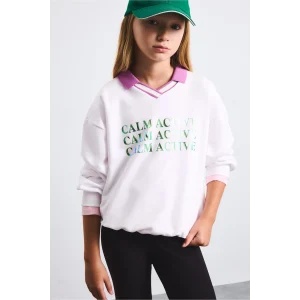 Defacto I3837A8WT34 Beyaz Relax Fit Kontrast Polo Yaka Baskılı Sweatshirt Kız Çocuk