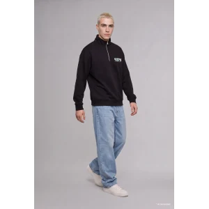 Defacto H3868AXBK81 Siyah Boxy Fit Yarım Fermuarlı Dik Yakalı Baskılı Uzun Kollu Sweatshirt