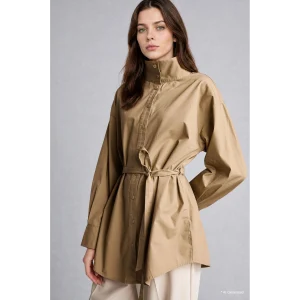Defacto H3217AXKH185 Haki %100 Pamuk Regular Fit Dik Yaka Kuşaklı Poplin Uzun Kollu Tunik