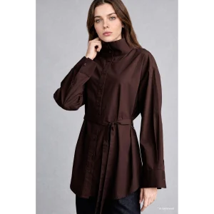 Defacto H3217AXBN340 Kahve %100 Pamuk Regular Fit Dik Yaka Kuşaklı Poplin Uzun Kollu Tunik