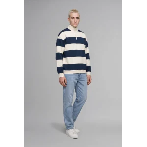 Defacto C7045AXNV94 Lacivert Boxy Fit Dik Yaka Yarım Fermuarlı Çizgili Sweatshirt