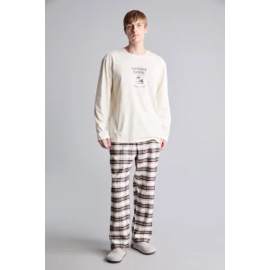 Defacto H9920AXER238 Ekru %100 Pamuk Baskılı Ekoseli New Regular Fit Uzun Kollu 2li Flanel Pijama Takımı