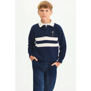 Defacto I3296A8NV31 Lacivert Oversize Polo Yaka Çizgili İçi Yumuşak Tüylü Uzun Kollu Sweatshirt Erkek Çocuk