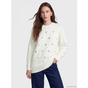 LCW Modest Ekru Bisiklet Yaka Çiçek Nakışlı Kadın Triko Tunik