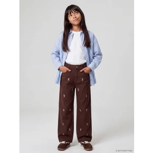LCW Kids Kahverengi Kız Çocuk Çiçekli Gabardin Pantolon