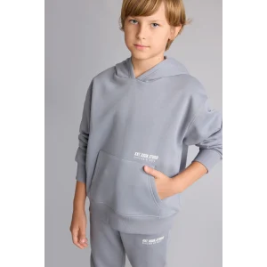 Defacto H9682A8GR27 Gri Regular Fit Kapüşonlu Baskılı Kanguru Cepli Kalın Kumaş Sweatshirt Erkek Çocuk