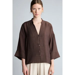 Defacto I8515AXBN130 Kahve Oversize Hakim Yaka Brit Düğmeli Uzun Kollu Basic Bluz