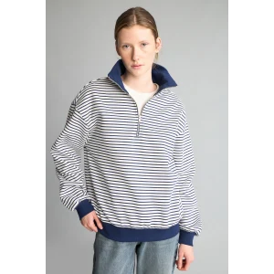 Defacto J1258AXNV242 Lacivert Slım Fıt Bisiklet Yaka Çizgili Kalın Sweatshirt Kumaşı Sweatshirt