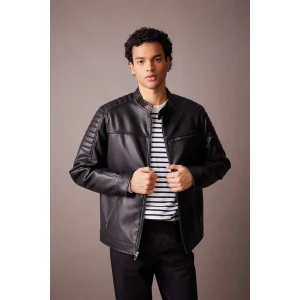 A0547 Su İtici Slim Fit Dik Yaka Suni Deri Mont