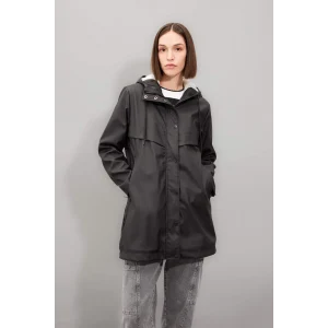 A0982 Su İtici Polar Astarlı Kapüşonlu Fermuarlı Çıtçıtlı Cepli Mevsimlik Suni Deri Uzun Yağmurluk