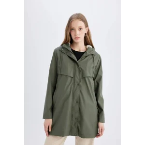 A0982 Su İtici Suni Deri Uzun Yağmurluk Polar Astarlı Kapüşonlu Fermuar Çıtçıtlı Cepli Mevsimlik