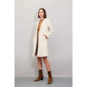 A1090 Uzun Kaşe Regular Kalıp Kruvaze Yaka Çıtçıt Kapamalı Cepli Kaban