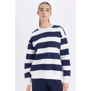 A1883 Relax Fit Bisiklet Yaka Çizgili Kalın Sweatshirt