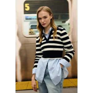 A2060 Coool Slim Fit Çizgili Polo Yaka Kazak