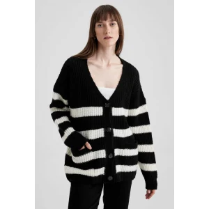 A3853 Oversize Fit Çizgili V Selanik Kumaş Hırka