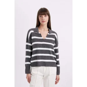 A3861 Relax Fit Polo Yaka Çizgili Triko Kazak