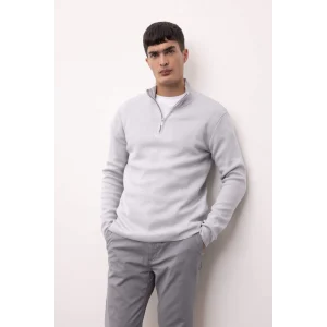 A5184 Gri Standart Fit Normal Kesim Bato Yaka Fermuarlı Basic Düz Triko Kazak