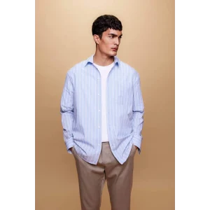 A9440 Relax Fit Polo Yaka Çizgili Poplin Uzun Kollu Gömlek