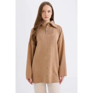 B0191 Regular Fit Fermuarlı Dik Yaka Triko Kazak Tunik