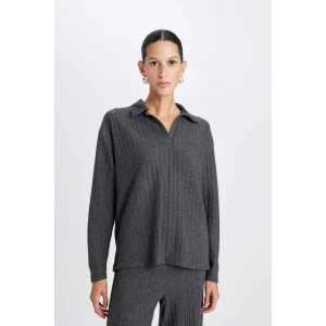 B2404 Relax Fit Polo Yaka Fitilli Kaşkorse Uzun Kollu Tişört