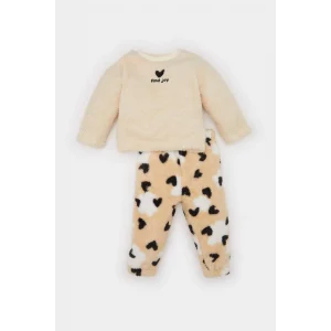 B3133 2li Takım Kalp Desenli Pelüş Sweatshirt Beli Lastikli Alt