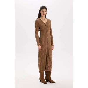 B3261 Bodycon Vücudu Saran Basic Düz V Yaka Düğmeli Fitilli Kaşkorse Midi Uzun Kollu Elbise