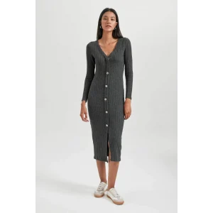 B3261 Bodycon Vücudu Saran Basic Düz V Yaka Düğmeli Fitilli Kaşkorse Midi Uzun Kollu Elbise