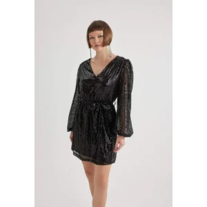 B6674 Kalp Yaka Payetli Kumaş Uzun Kollu Mini Elbise