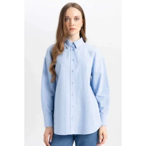 B8309 Relax Fit Gömlek Yaka Oxford Uzun Kollu Basic Düz Gömlek Tunik