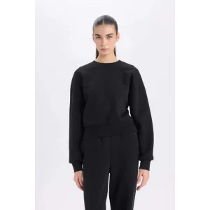 B8568 Siyah Boxy Fit Bisiklet Yaka Kalın Basic Düz Sweatshirt