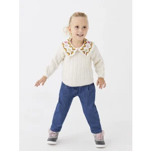 Bej Polo Yaka Uzun Kollu Nakış Detaylı Kız Bebek Triko Kazak