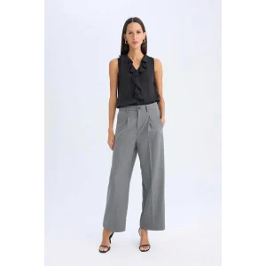 C2020 Pensli Klasik Wide Leg Geniş Bol Paça Basic Düz Uzun Boy Yüksek Bel Cepli Gri Pantolon