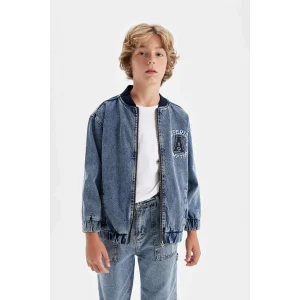 C3685 Kolej Yaka Fermuarlı Cepli Mevsimlik Baskılı Jean Bomber Ceket