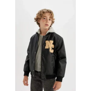 C4326 Su İtici Çıkarılabilir Kapüşonlu Çıtçıt Kapamalı Çift Cepli Kolej Yaka Suni Deri Bomber Hafif Mont