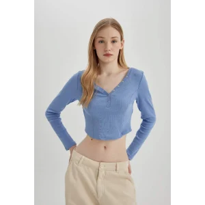 C4399 Coool Fitted V Yaka Crop Fitilli Kaşkorse Uzun Kollu Tişört