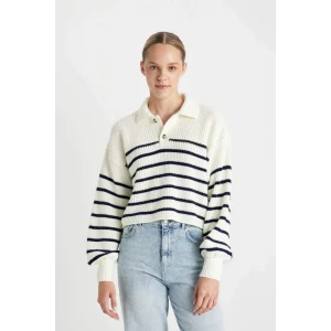 C4918 Coool Relax Fit Polo Yaka Yarım Düğmeli Çizgili Triko Kazak