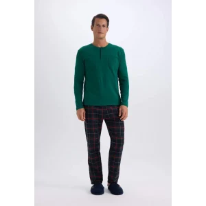 C6123 Regular Fit Bisiklet Yaka Uzun Kollu Üst Kareli Uzun Alt Pijama Takımı