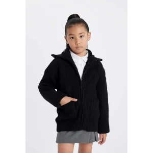 C6924 Triko Basic Dik Yaka Fermuarlı Cepli Siyah Okul Hırkası