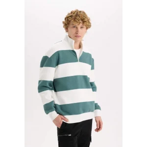 C7045 Boxy Fit Dik Yaka Yarım Fermuarlı Çizgili Sweatshirt