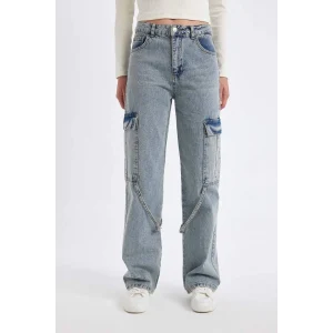 C7325 Wide Leg Kargo Yüksek Bel Uzun Jean Yıkamalı Pantolon