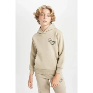 C7560 Bej Yazılı Baskılı Cepli Kapüşonlu Kalın Okul Sweatshirt