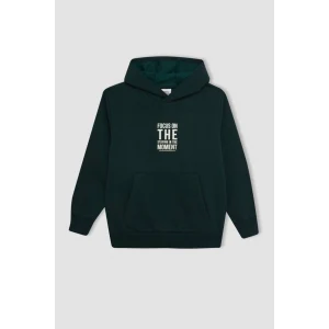 C7567 Koyu Yeşil Cepli Yazı Baskılı Kapüşonlu Kalın Okul Sweatshirt